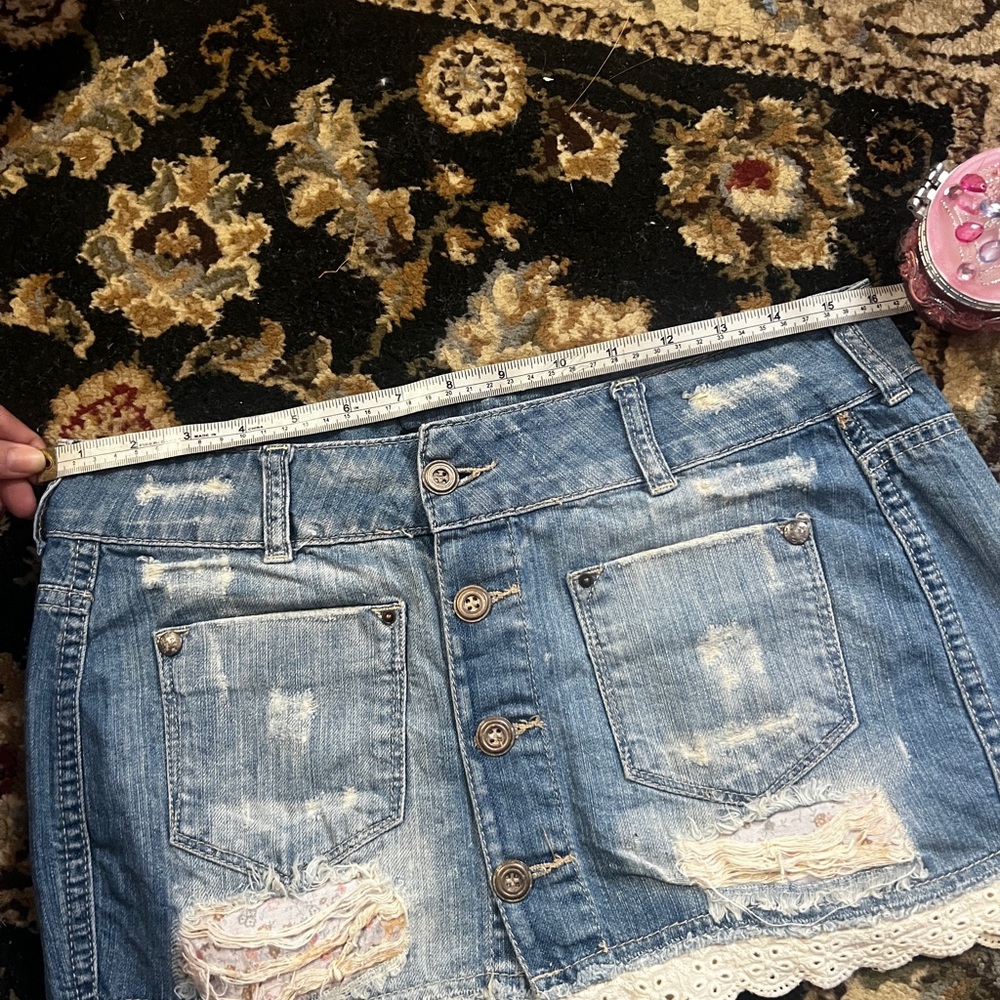 Bershka Distressed Denim Mini Skirt with Lace Hem - Picture 8 of 8